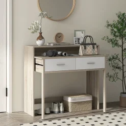 Console secrétaire 2 en 1 - plateau coulissant, 2 tiroirs - dim. 95L x 35P x 87H cm - blanc naturel