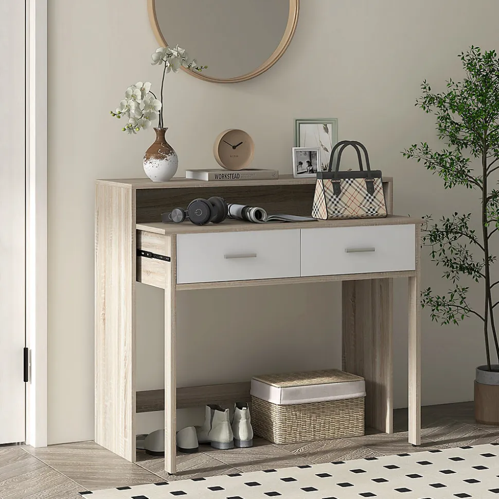 Console secrétaire 2 en 1 - plateau coulissant, 2 tiroirs - dim. 95L x 35P x 87H cm - blanc naturel