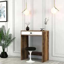 Console Solstice, Table polyvalente, Armoire de rangement, Bureau du couloir, 70x85h40 cm, Noyer et Blanc