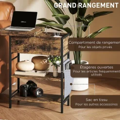 Console style industriel avec station de charge prises secteur et USB dim. 60 x 30 x 58,5 cm métal noir effet bois vieilli