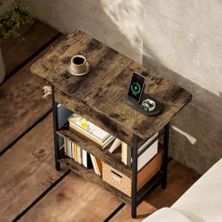 Console style industriel avec station de charge prises secteur et USB dim. 60 x 30 x 58,5 cm métal noir effet bois vieilli