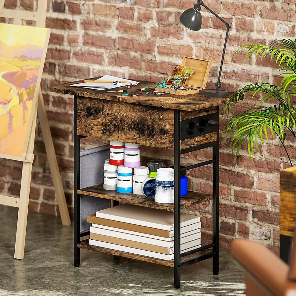 Console style industriel avec station de charge prises secteur et USB dim. 60 x 30 x 58,5 cm métal noir effet bois vieilli