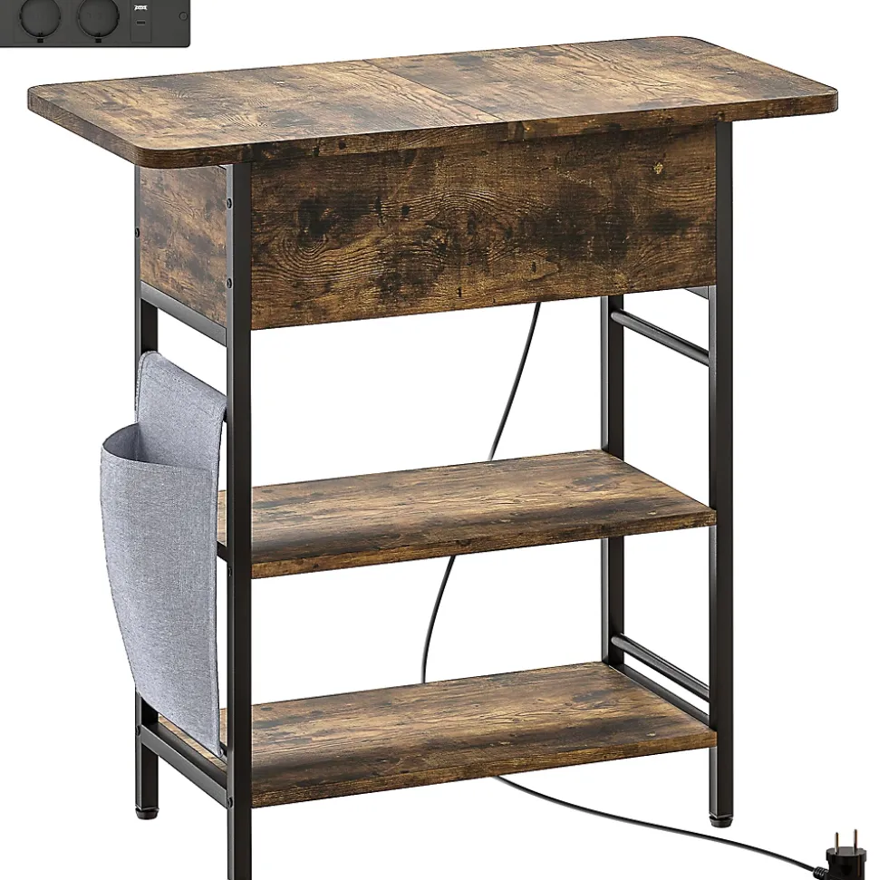 Console style industriel avec station de charge prises secteur et USB dim. 60 x 30 x 58,5 cm métal noir effet bois vieilli