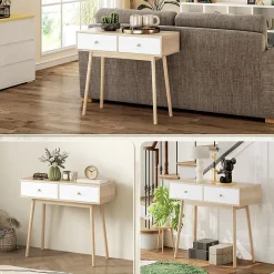 Console style nordique - 2 tiroirs coulissants - dim. 86 x 35 x 75 cm - effet bois clair blanc