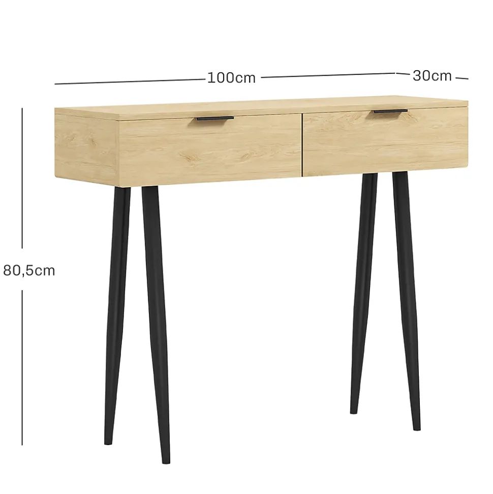 Console style nordique 2 tiroirs - piètement effilé poignées métal noir effet bois clair