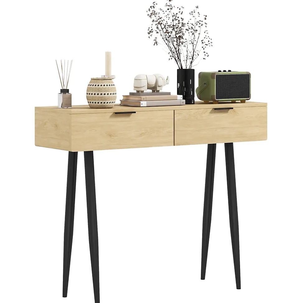 Console style nordique 2 tiroirs - piètement effilé poignées métal noir effet bois clair