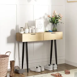 Console style nordique 2 tiroirs - piètement effilé poignées métal noir effet bois clair