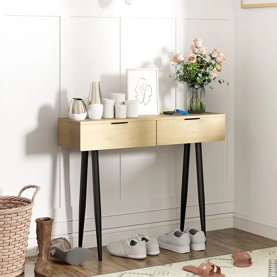 Console style nordique 2 tiroirs - piètement effilé poignées métal noir effet bois clair