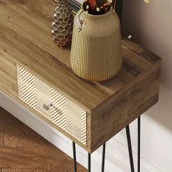 Console style néo-rétro 3 tiroirs graphiques piètement épingle acier noir effet bois