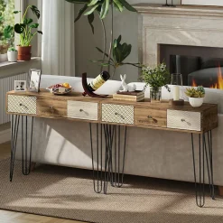 Console style néo-rétro 3 tiroirs graphiques piètement épingle acier noir effet bois
