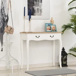 Console style table de drapier style shabby chic 2 tiroirs dim. 87L x 34l x 78H cm MDF bois massif pin clair blanc