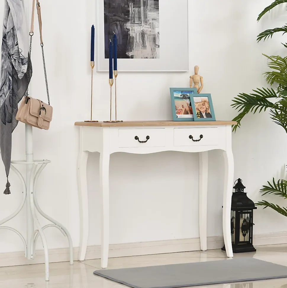 Console style table de drapier style shabby chic 2 tiroirs dim. 87L x 34l x 78H cm MDF bois massif pin clair blanc
