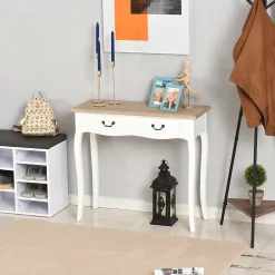 Console style table de drapier style shabby chic 2 tiroirs dim. 87L x 34l x 78H cm MDF bois massif pin clair blanc