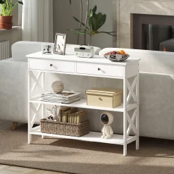 Console style table de drapier néo-rétro 2 tiroirs 2 étagères dim. 100L x 30l x 80H cm MDF blanc