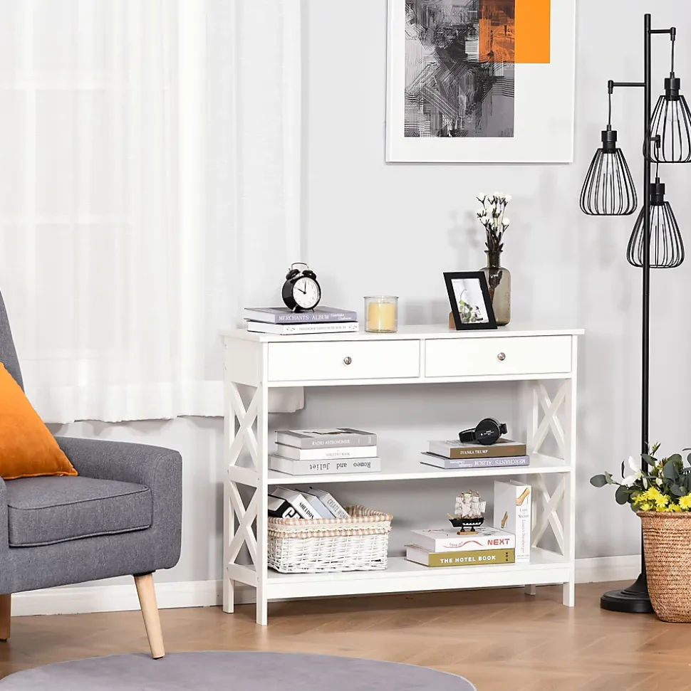 Console style table de drapier néo-rétro 2 tiroirs 2 étagères dim. 100L x 30l x 80H cm MDF blanc
