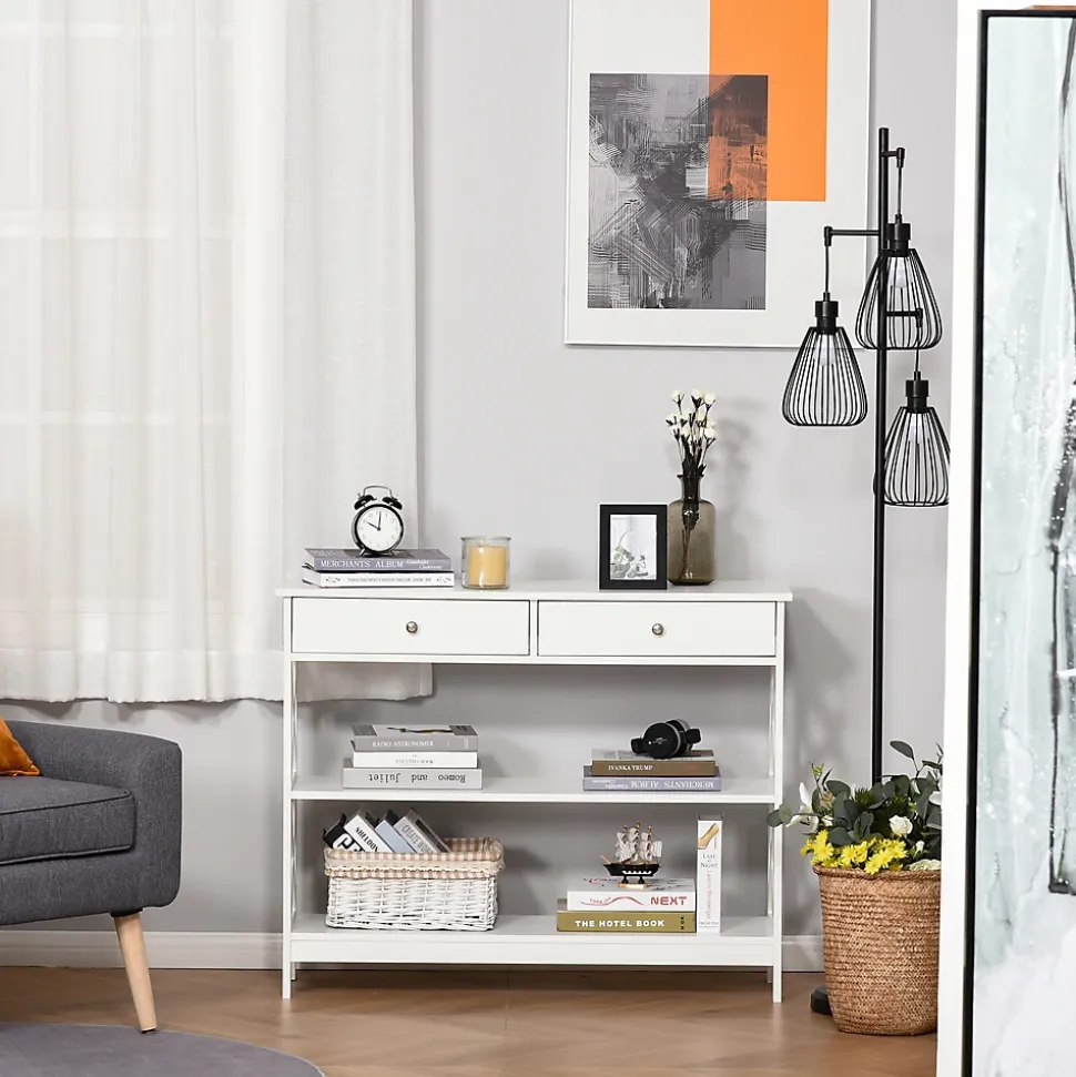 Console style table de drapier néo-rétro 2 tiroirs 2 étagères dim. 100L x 30l x 80H cm MDF blanc