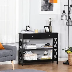 Console style table de drapier néo-rétro 2 tiroirs 2 étagères dim. 100L x 30l x 80H cm MDF noir