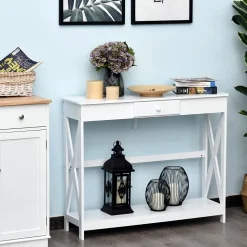 Console style table de drapier néo-rétro tiroir + étagère dim. 100L x 30l x 81H cm MDF blanc