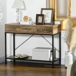 Console table d'appoint design industriel 3 tiroirs étagère acier noir panneaux particules aspect bois vieilli