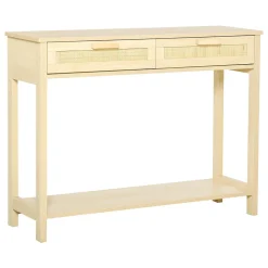 Console table d'appoint dim. 100L x 30l x 76H cm 2 tiroirs façades cannage en rotin étagère MDF aspect bois clair