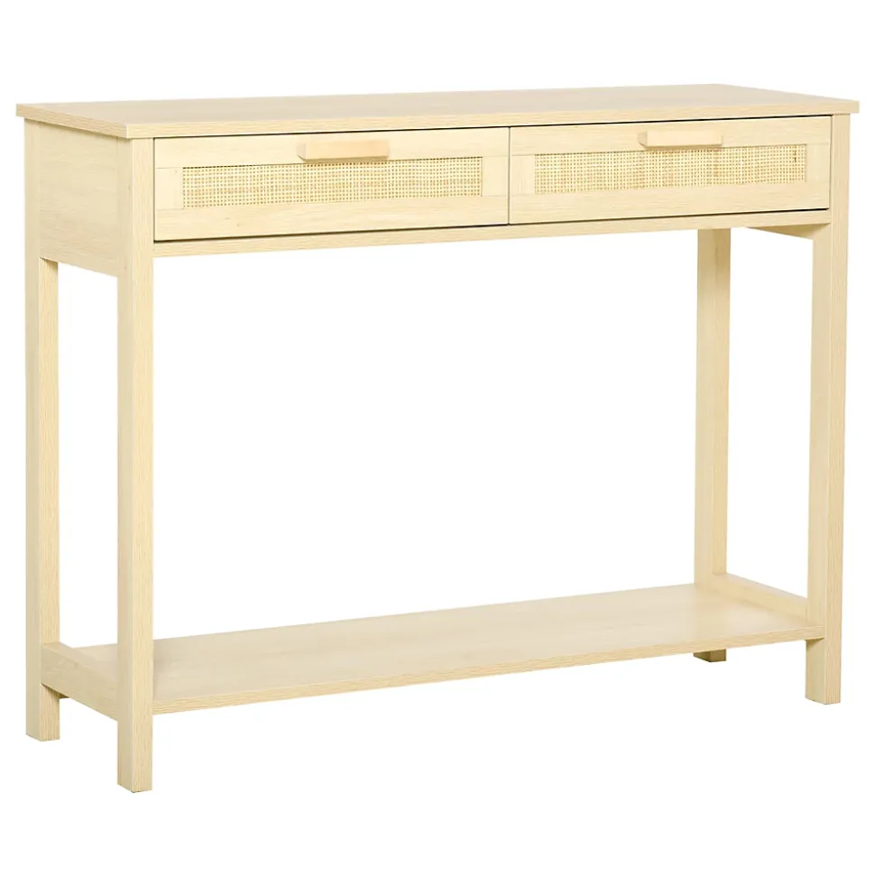 Console table d'appoint dim. 100L x 30l x 76H cm 2 tiroirs façades cannage en rotin étagère MDF aspect bois clair