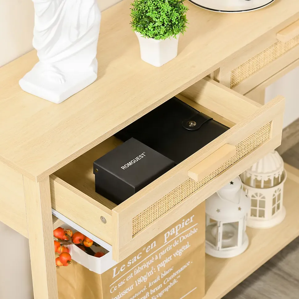 Console table d'appoint dim. 100L x 30l x 76H cm 2 tiroirs façades cannage en rotin étagère MDF aspect bois clair