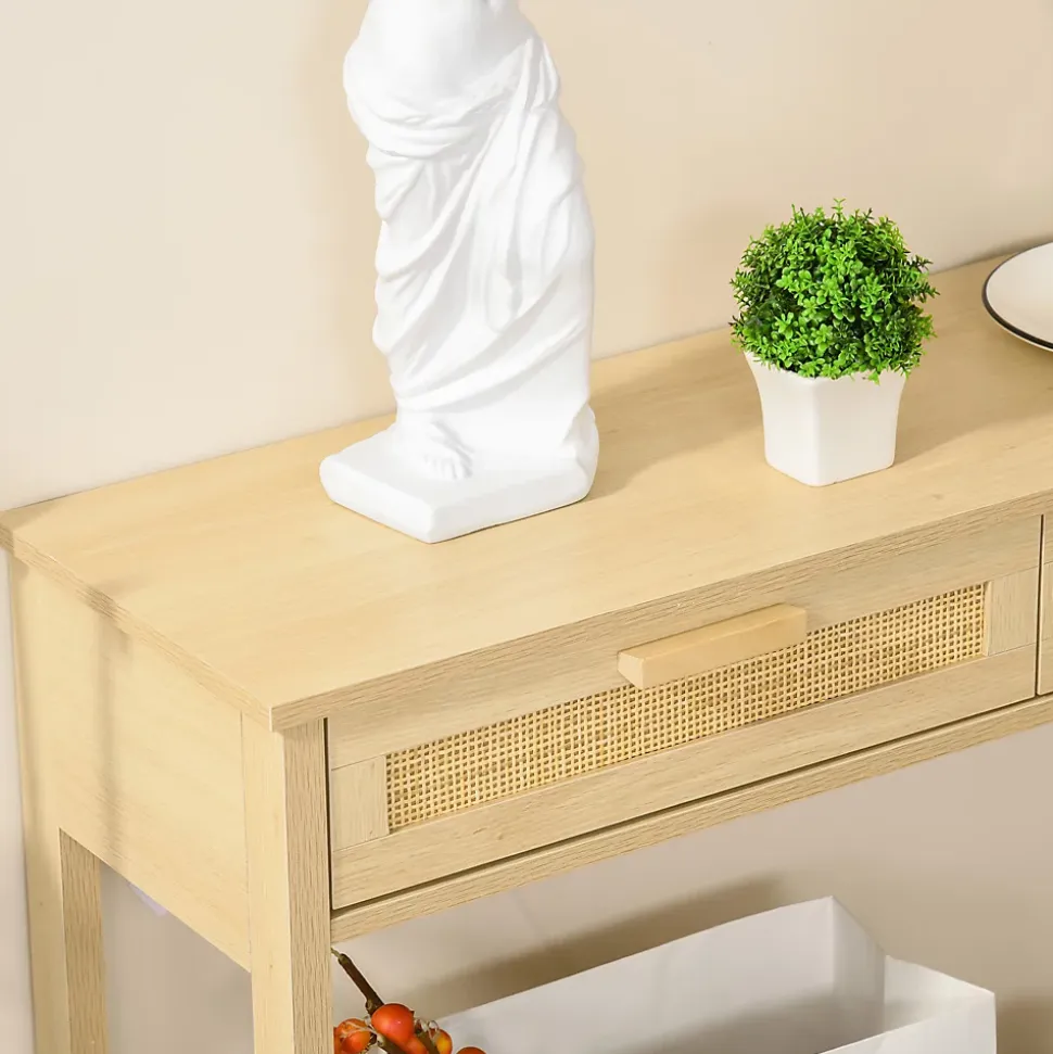Console table d'appoint dim. 100L x 30l x 76H cm 2 tiroirs façades cannage en rotin étagère MDF aspect bois clair