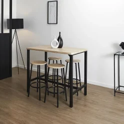CORTEZ - Ensemble Table Haute et 4 Tabourets en MDF et Pieds Métal Noir