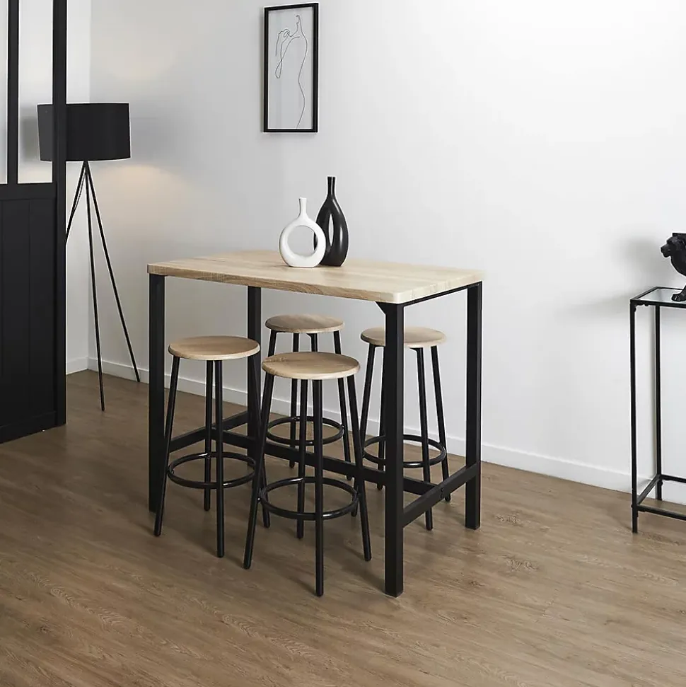 CORTEZ - Ensemble Table Haute et 4 Tabourets en MDF et Pieds Métal Noir