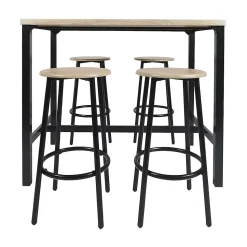 CORTEZ - Ensemble Table Haute et 4 Tabourets en MDF et Pieds Métal Noir