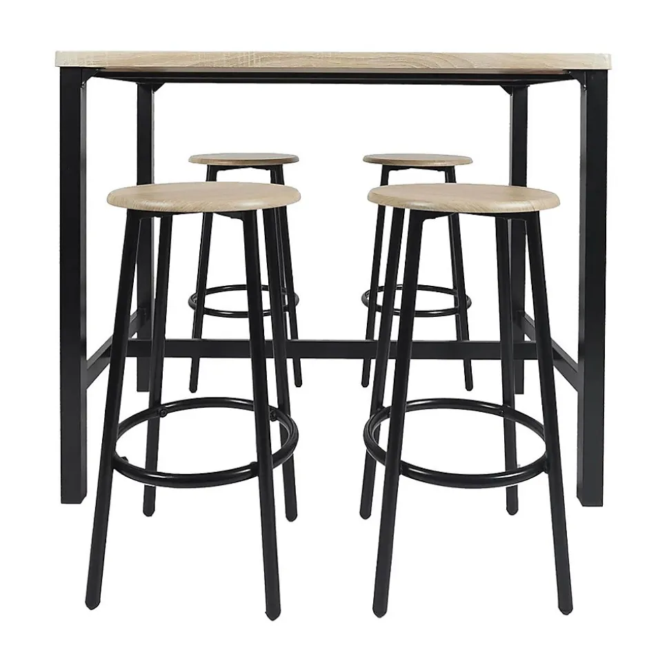 CORTEZ - Ensemble Table Haute et 4 Tabourets en MDF et Pieds Métal Noir