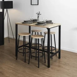 CORTEZ - Ensemble Table Haute et 4 Tabourets en MDF et Pieds Métal Noir