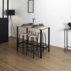 CORTEZ - Ensemble Table Haute et 4 Tabourets en MDF et Pieds Métal Noir