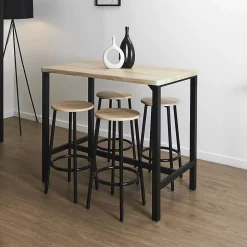 CORTEZ - Ensemble Table Haute et 4 Tabourets en MDF et Pieds Métal Noir