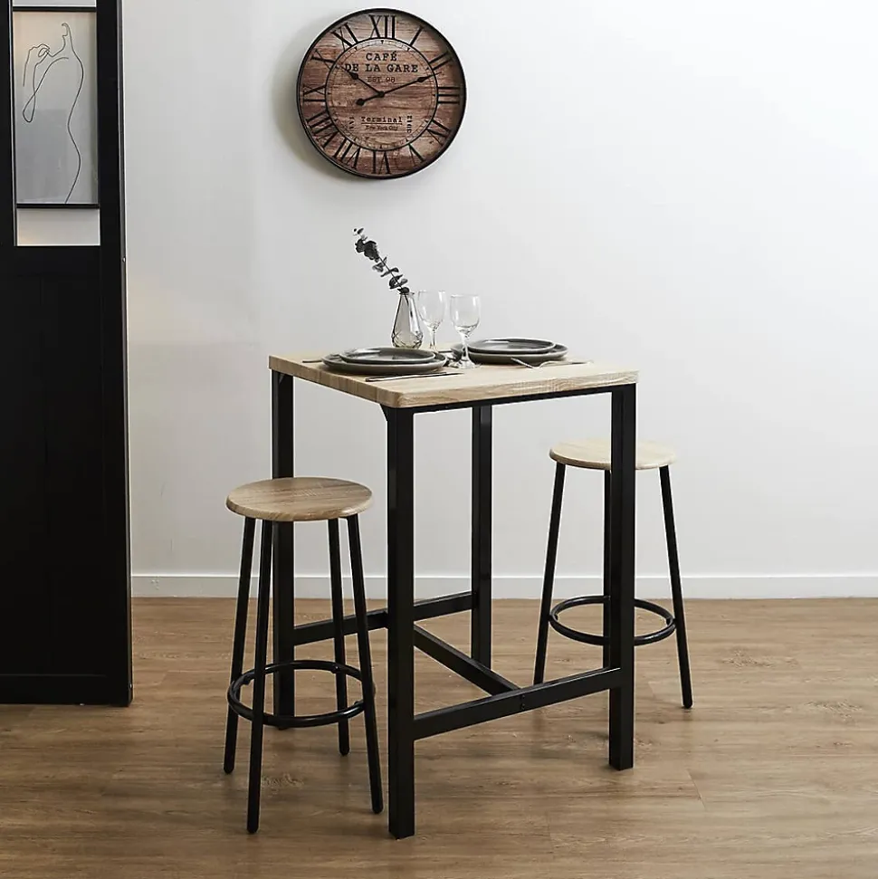 CORTEZ - Ensemble Table Haute et 2 Tabourets en MDF et Pieds Métal Noir