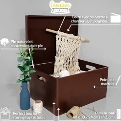 Creative Deco Boite de Rangement en Bois Marron 40 x 30 x 24 cm (+/-1cm) - Couvercle et Poignées - Boîte Souvenirs - Boîte à Jouet