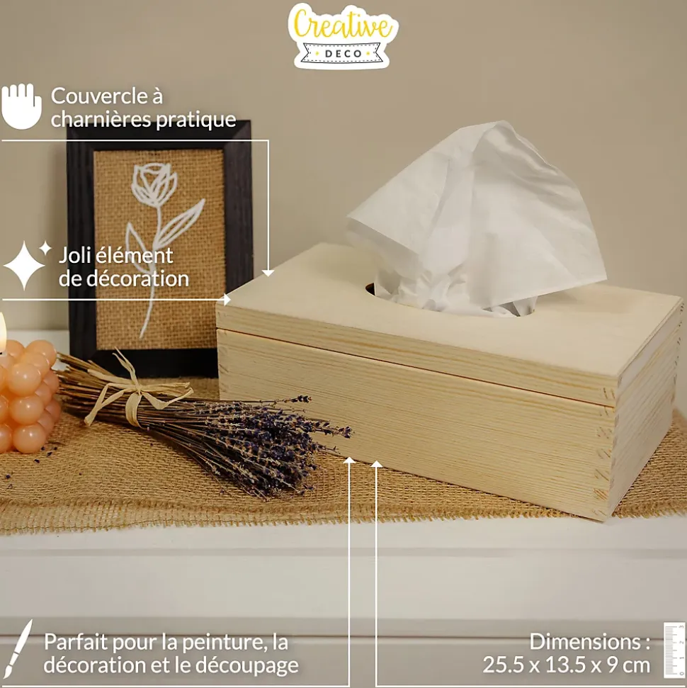 Creative Deco Boîte à Mouchoirs en Bois Naturel 25,5 x 13,5 x 9 cm - Boîte Rangement Tissus - Bureau, Cuisine, Salle de Bain