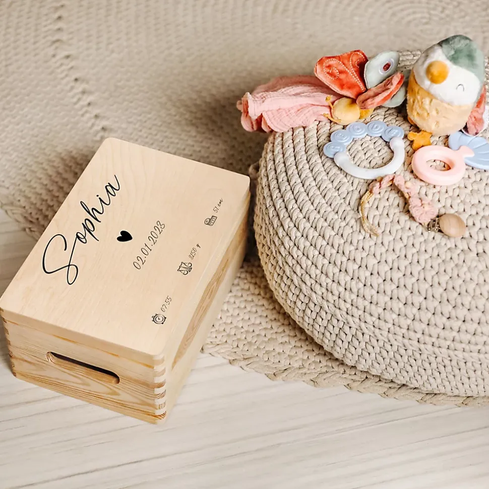 Creative Deco Boîte à Souvenirs Bébé Personnalisée - Motif Cœur - Cadeau Naissance Fille et Garçon - Boîte en Bois Personnalisable