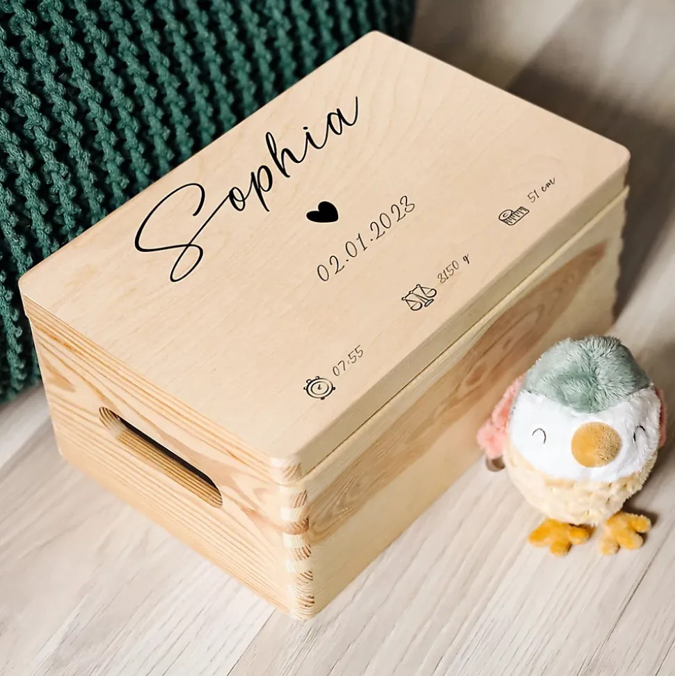 Creative Deco Boîte à Souvenirs Bébé Personnalisée - Motif Cœur - Cadeau Naissance Fille et Garçon - Boîte en Bois Personnalisable