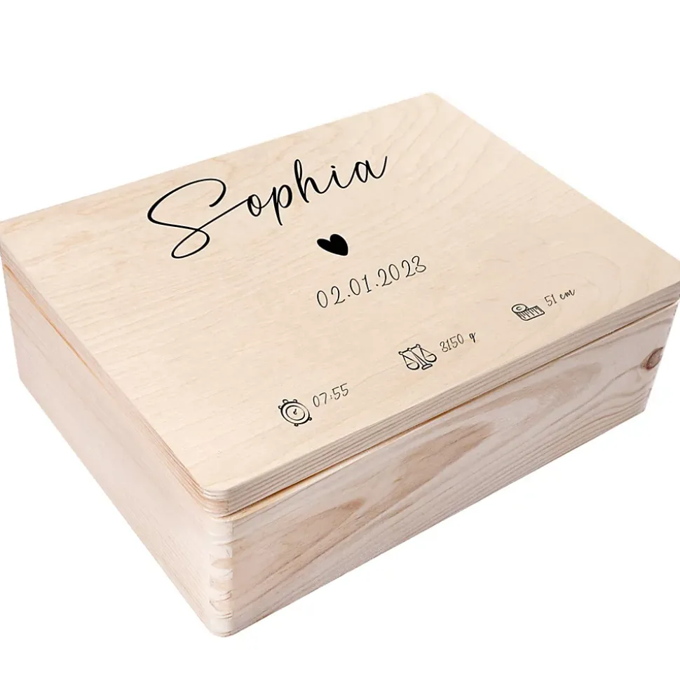 Creative Deco Boîte à Souvenirs Bébé Personnalisée - Motif Cœur - Cadeau Naissance Fille et Garçon - Boîte en Bois Personnalisable