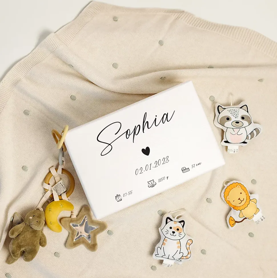 Creative Deco Boîte à Souvenirs Bébé Personnalisée Blanc - Motif Cœur - Cadeau Naissance Fille et Garçon - Boîte en Bois