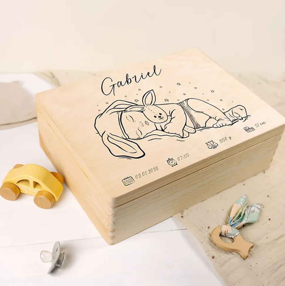 Creative Deco Boîte à Souvenirs Bébé Personnalisée - 40 x 30 x 14 cm - Cadeau Naissance Garçon - Boîte en Bois Personnalisable