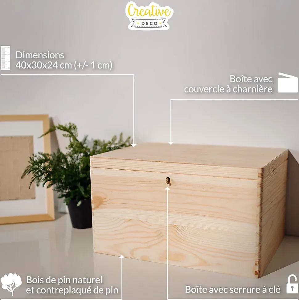 Creative Deco Boîte en Bois avec Clé - 40 x 30 x 24 cm - Boîte de Rangement Non Peinte et Brut - Coffre à Souvenirs avec Couvercle