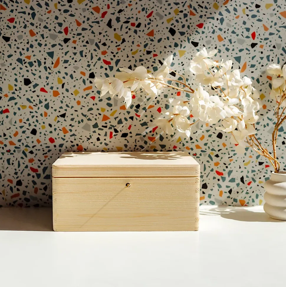 Creative Deco Boîte en Bois avec Clé - 30 x 20 x 14 cm - Boîte de Rangement Non Peinte et Brut - Coffre à Souvenirs avec Couvercle