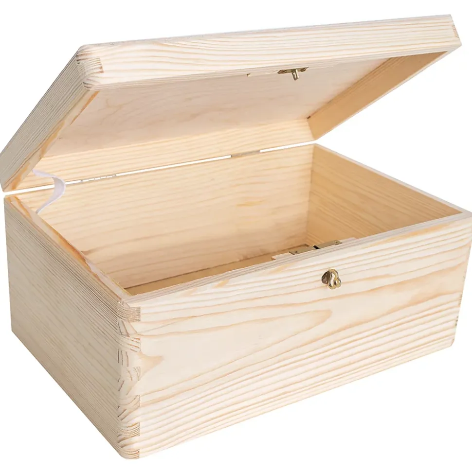 Creative Deco Boîte en Bois avec Clé - 30 x 20 x 14 cm - Boîte de Rangement Non Peinte et Brut - Coffre à Souvenirs avec Couvercle