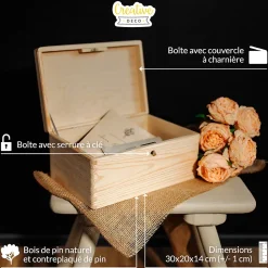 Creative Deco Boîte en Bois avec Clé - 30 x 20 x 14 cm - Boîte de Rangement Non Peinte et Brut - Coffre à Souvenirs avec Couvercle
