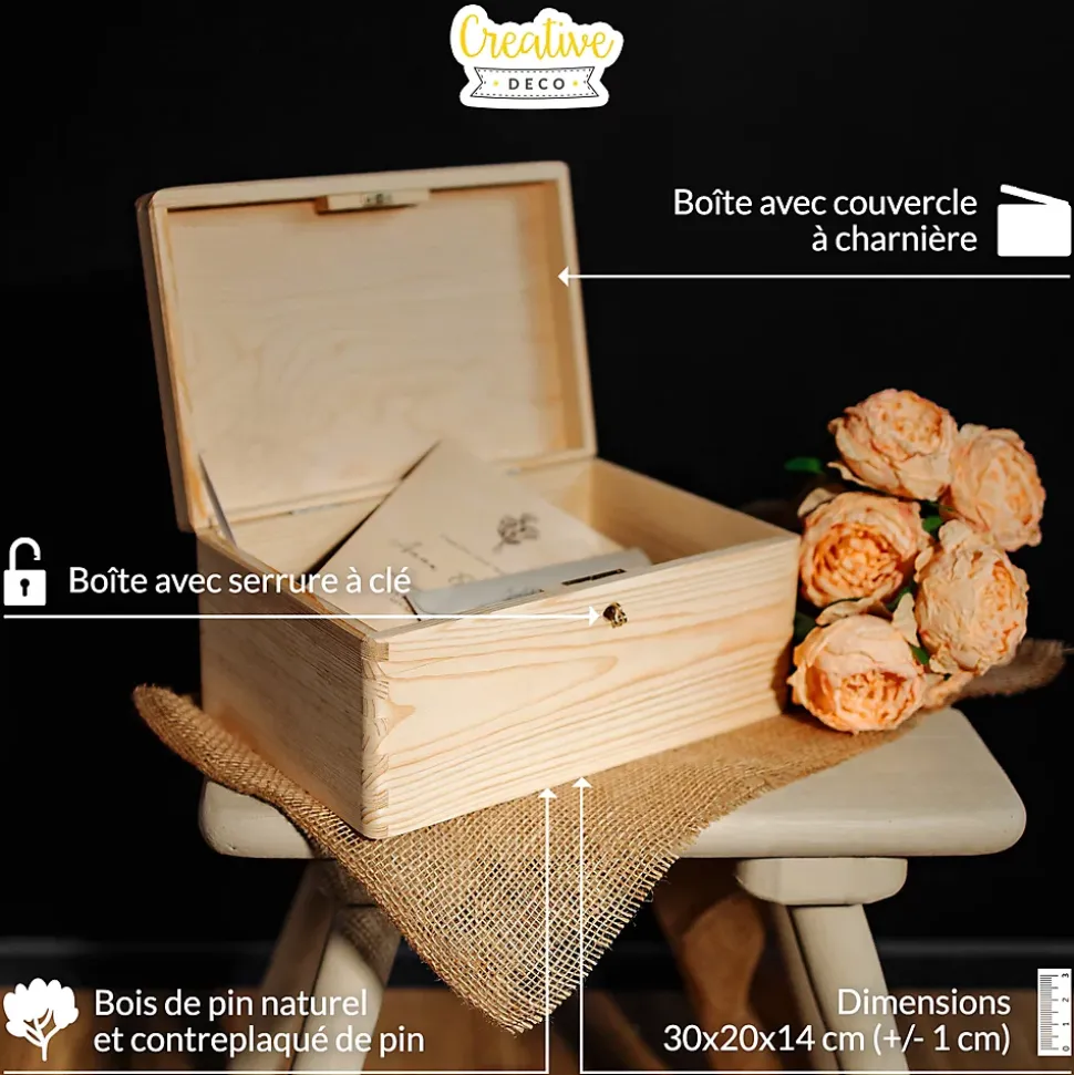 Creative Deco Boîte en Bois avec Clé - 30 x 20 x 14 cm - Boîte de Rangement Non Peinte et Brut - Coffre à Souvenirs avec Couvercle