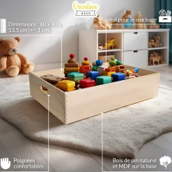 Creative Deco Caisse en Bois avec Poignées 60 x 40 x 13,5 cm (+/-1cm) - Boîte de Rangement Multifonction pour Cuisine