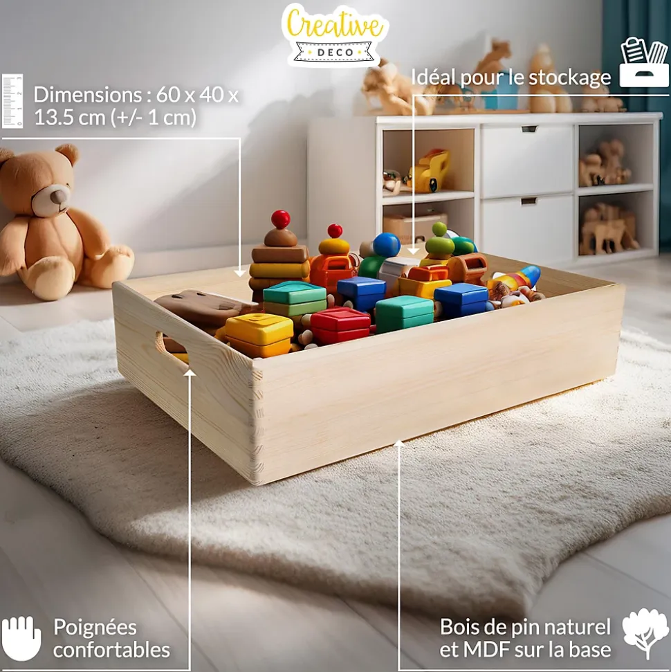 Creative Deco Caisse en Bois avec Poignées 60 x 40 x 13,5 cm (+/-1cm) - Boîte de Rangement Multifonction pour Cuisine