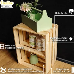 Creative Deco Caisse en Bois Naturel avec Etagere 50 x 40 x 30 cm - Caisse Bois Rangement Vintage - Cagette Bois Deco - Caisse Vin